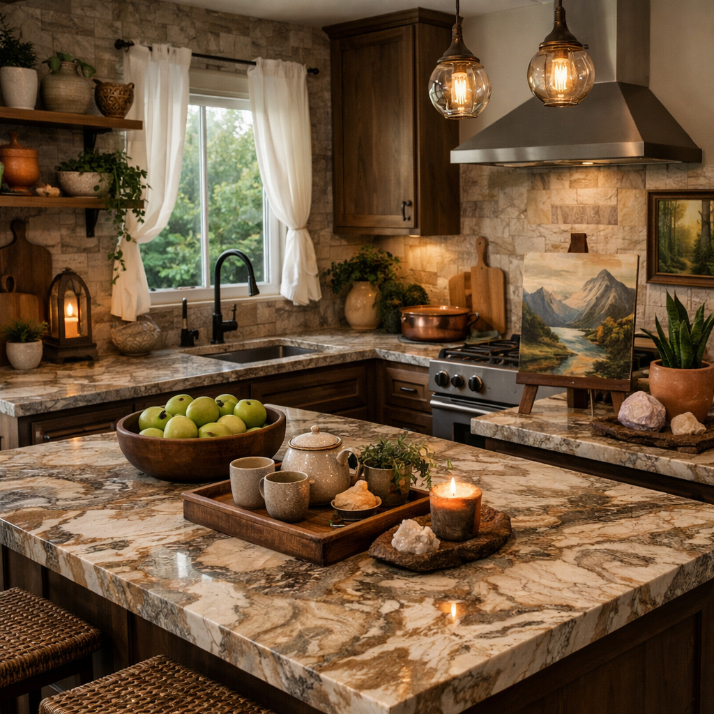 A cozy kitchen featuring brown granite countertops, fresh green apples, and personal decor touches.