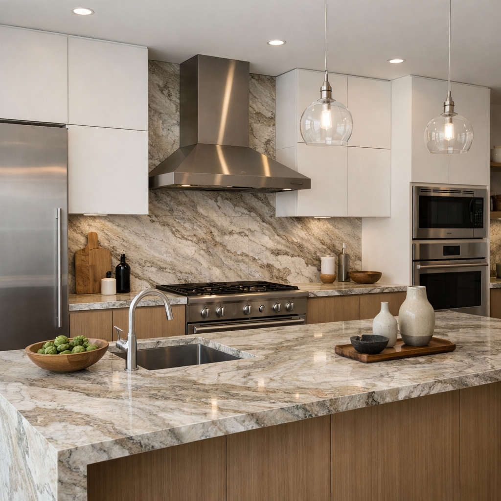 A modern kitchen featuring brown granite countertops and stainless steel appliances with minimalistic design elements.