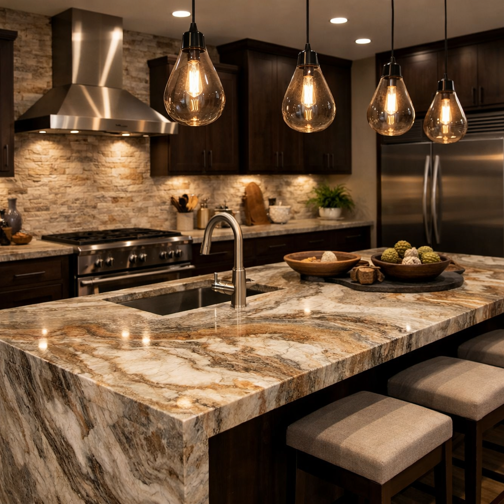 Sophisticated lighting solutions in a brown granite kitchen with pendant lights and recessed lighting.