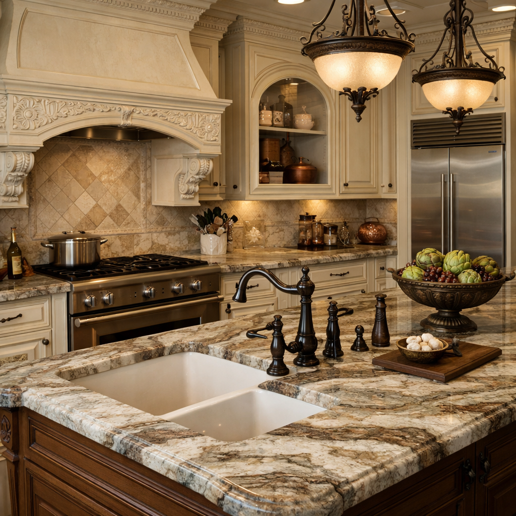 A luxurious kitchen featuring brown granite countertops, classic fixtures, and elegant decor.