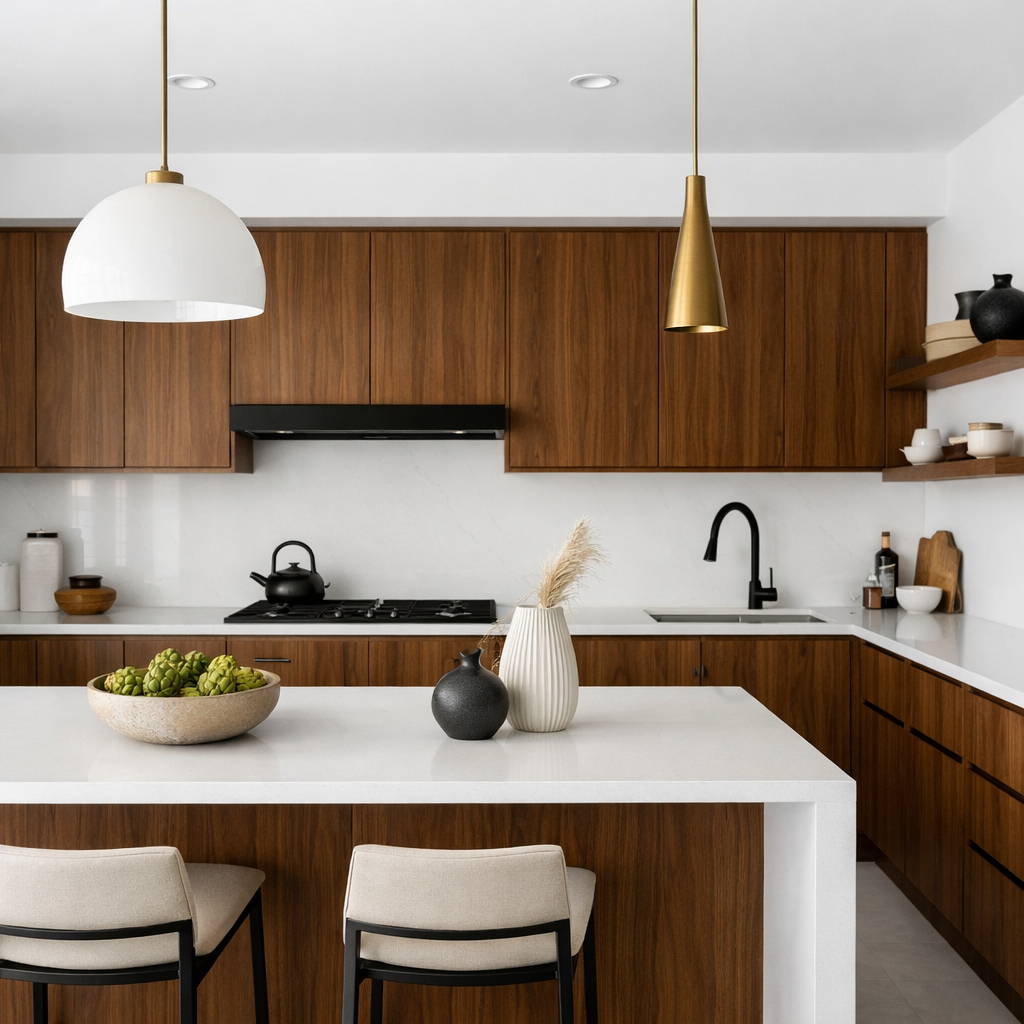A modern kitchen with brown cabinets and white countertop featuring decorative vases and a bowl.