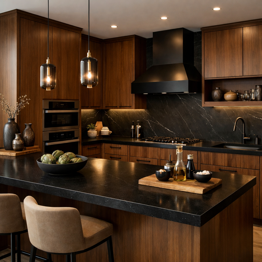 An elegant kitchen featuring brown cabinets and black accents, showcasing a modern design.