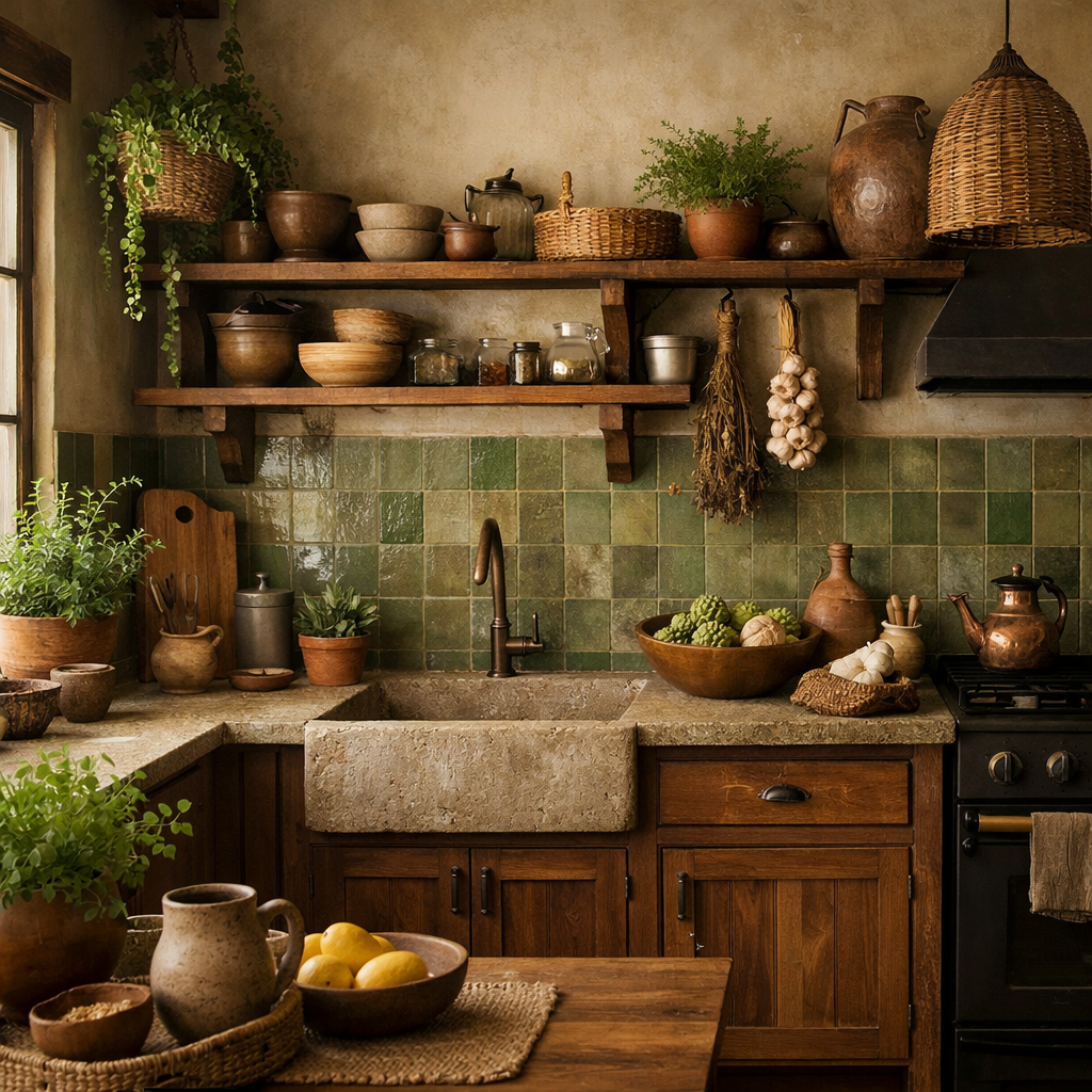 A rustic kitchen featuring brown cabinets and earthy green accents, showcasing potted plants, wooden shelves, and a stone sink.