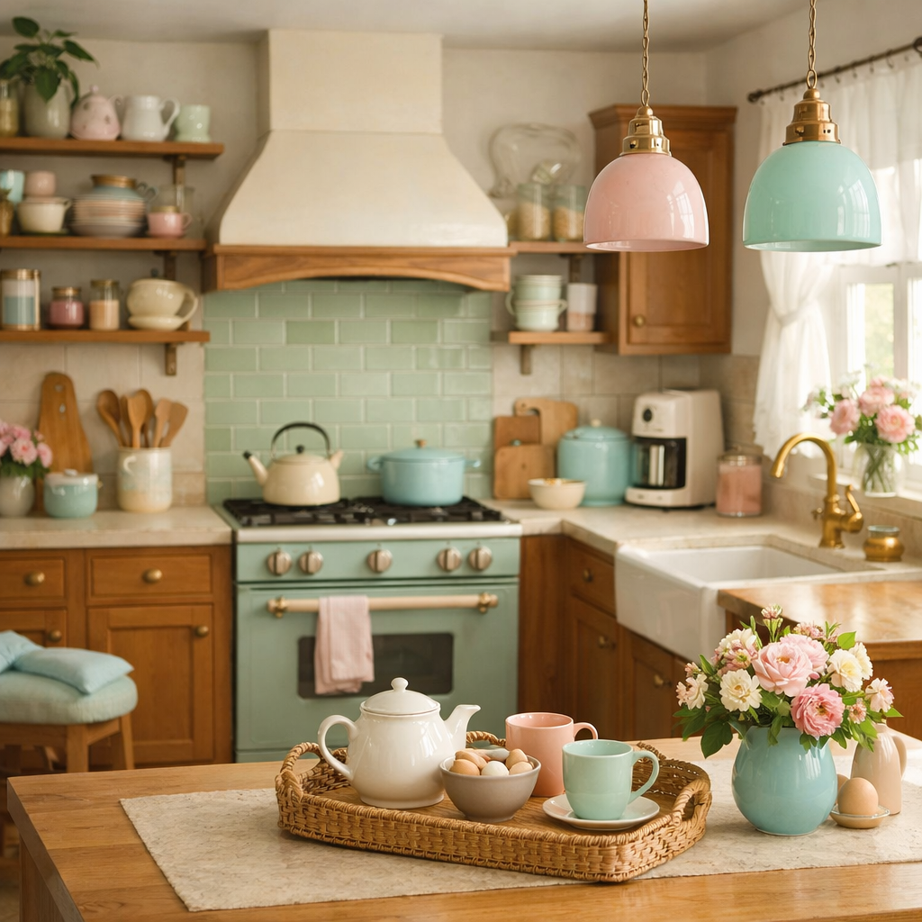 A kitchen featuring brown cabinets and muted pastel decor, showcasing a cozy and inviting ambiance.