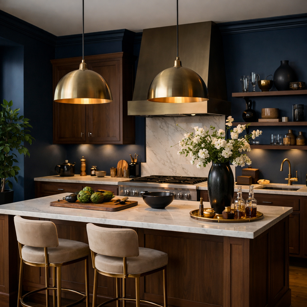 A modern kitchen featuring rich brown cabinets and deep blue walls, with elegant brass lighting and marble countertops.