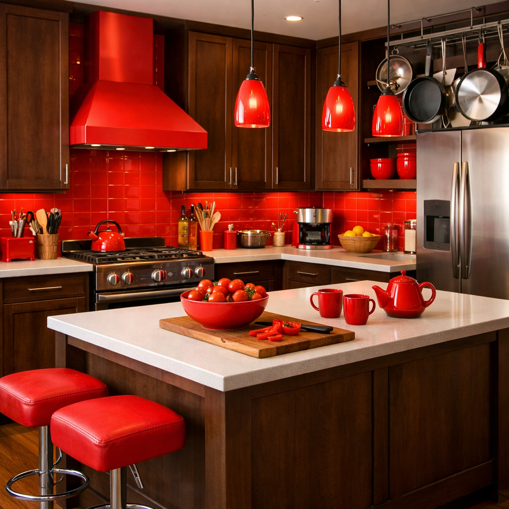 A modern kitchen featuring brown cabinets and vibrant red accents, including a range hood, pendant lights, and bar stools.