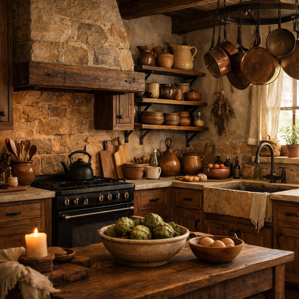 Rustic kitchen with brown cabinets, stone accents, and wooden shelves