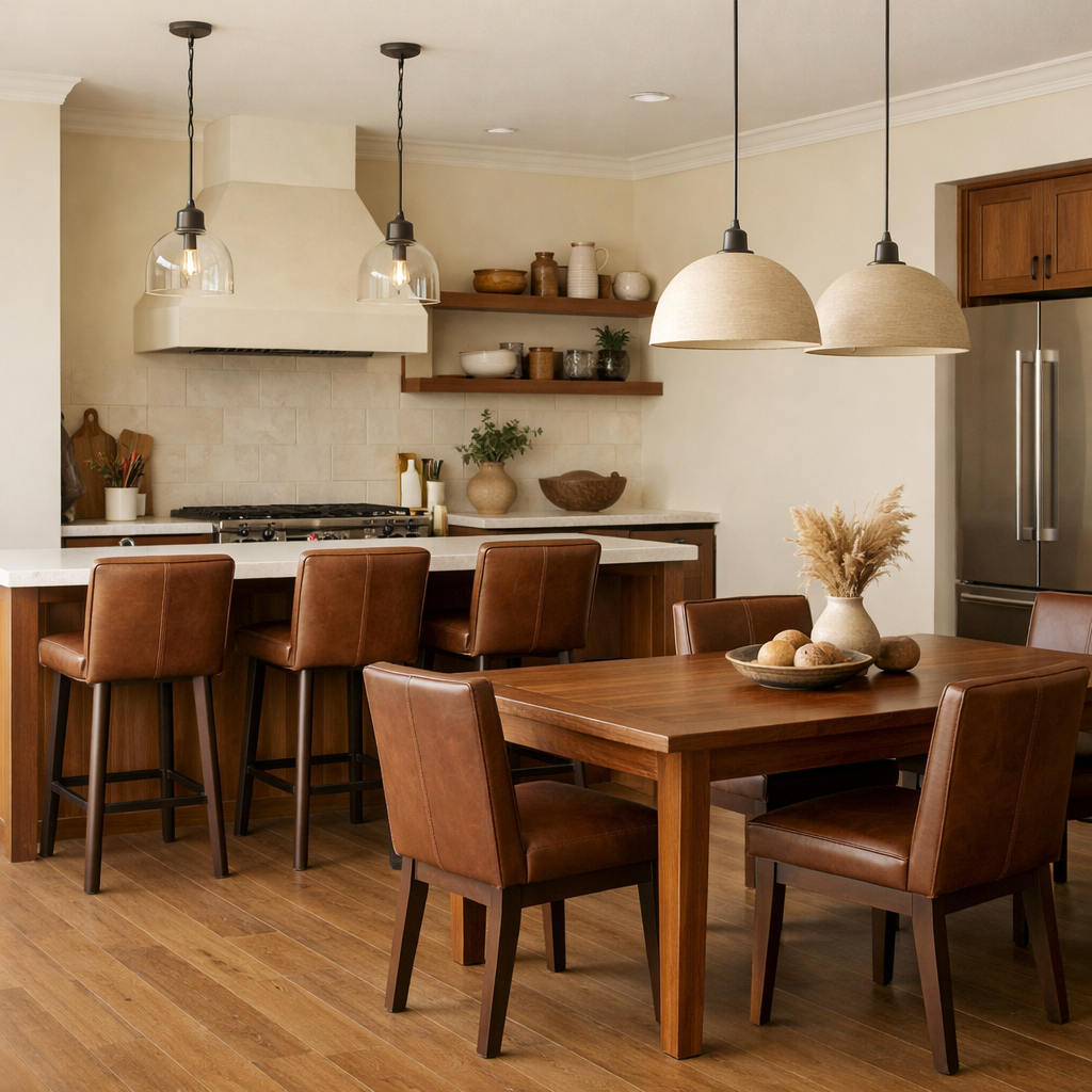 A cozy kitchen featuring brown leather chairs and a wooden dining table.