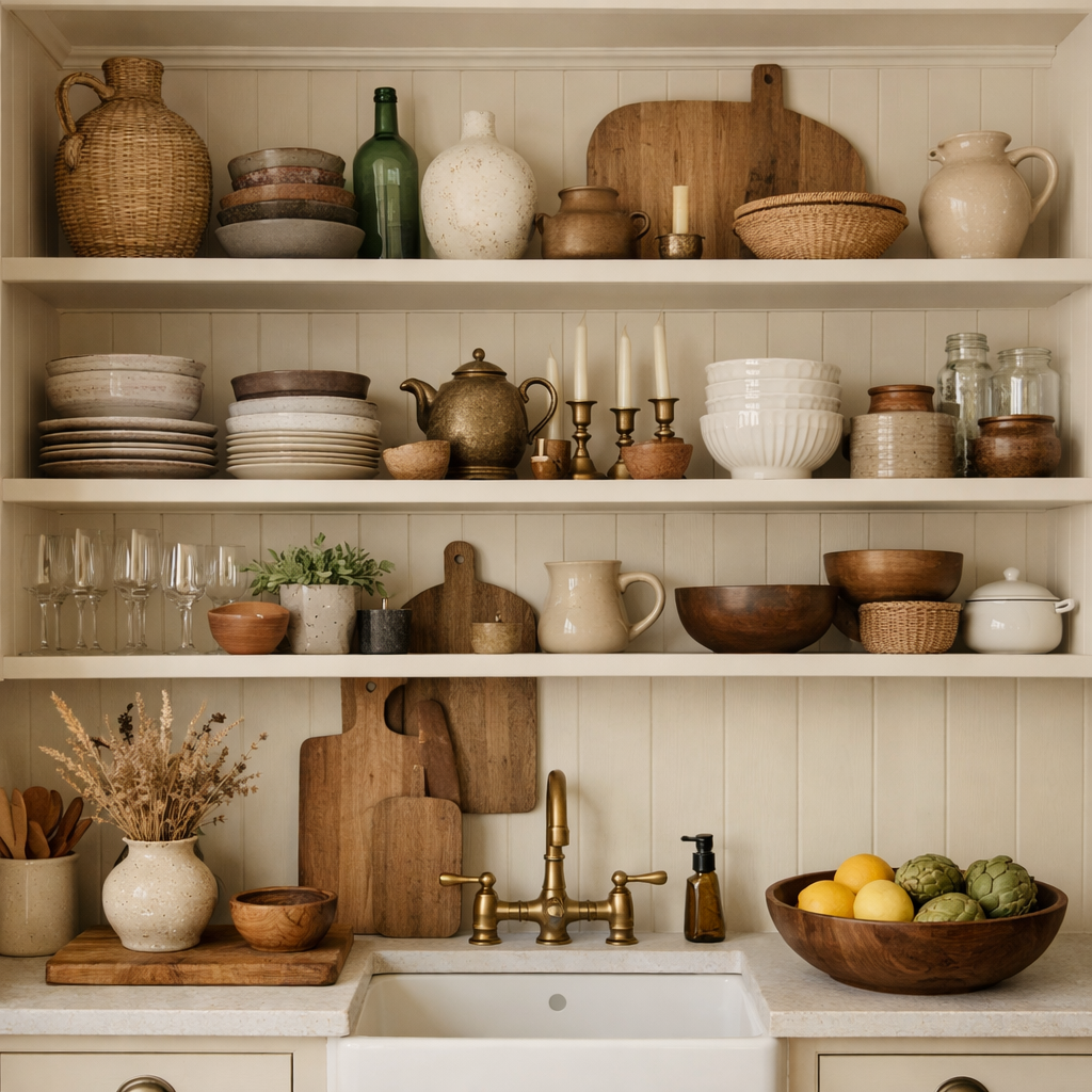 Open shelves with an array of cream and brown kitchenware, including plates, bowls, and decorative items, above a sink.