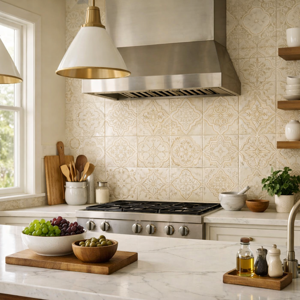 A stylish kitchen featuring an elegant cream backsplash with decorative tiles.