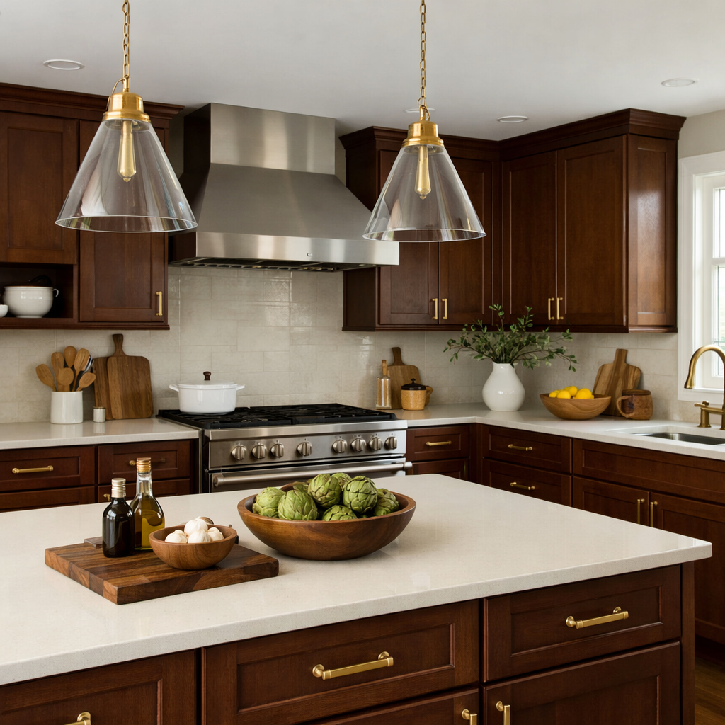 A kitchen featuring rich brown cabinets, a white countertop, and stylish lighting.