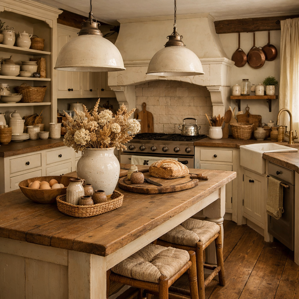 A cozy kitchen featuring rustic brown flooring with cream cabinets and wooden accents.
