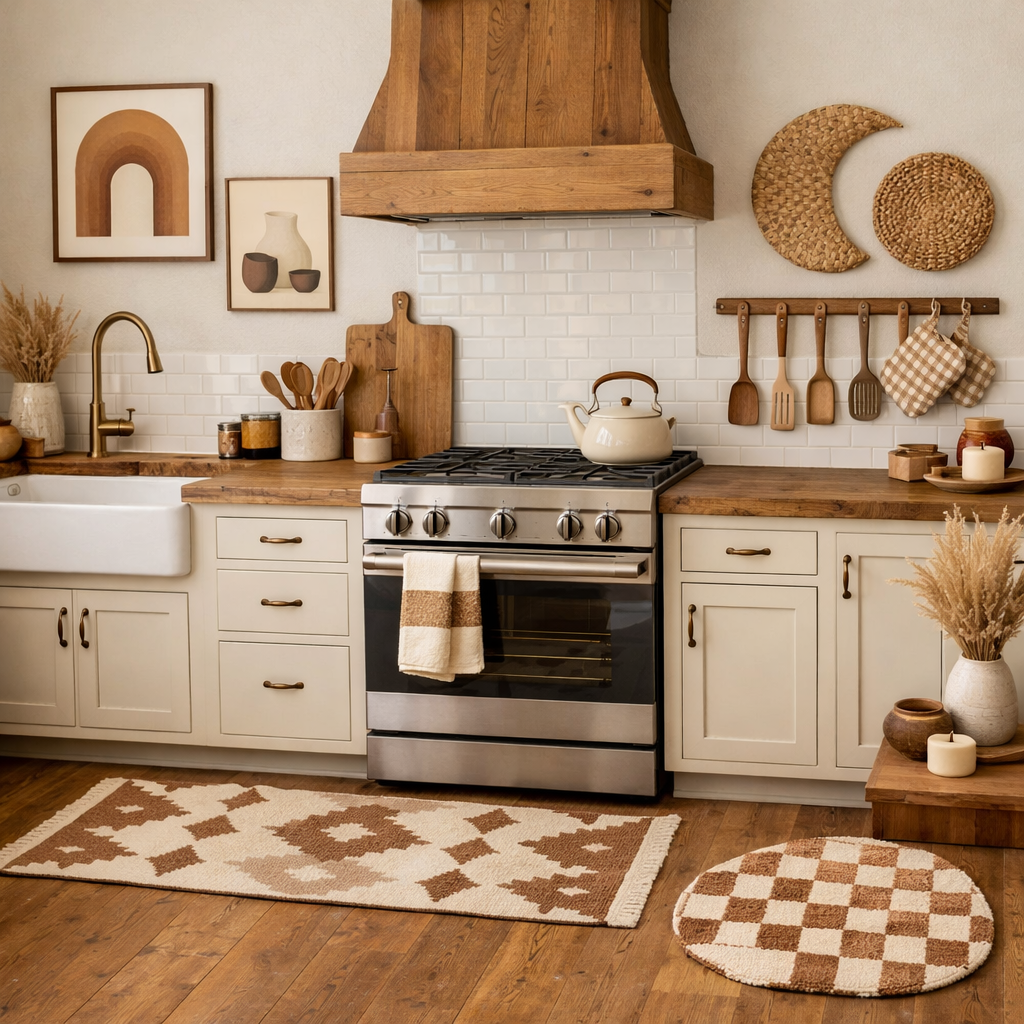 A beautifully decorated kitchen with cream and brown color scheme, featuring wooden elements and stylish accessories.