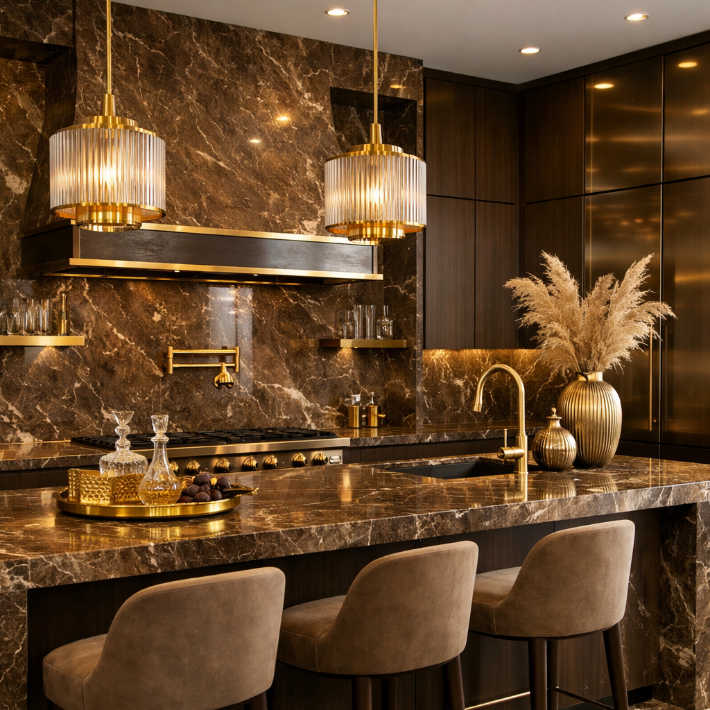 A modern kitchen featuring brown marble countertops, gold fixtures, and elegant lighting.