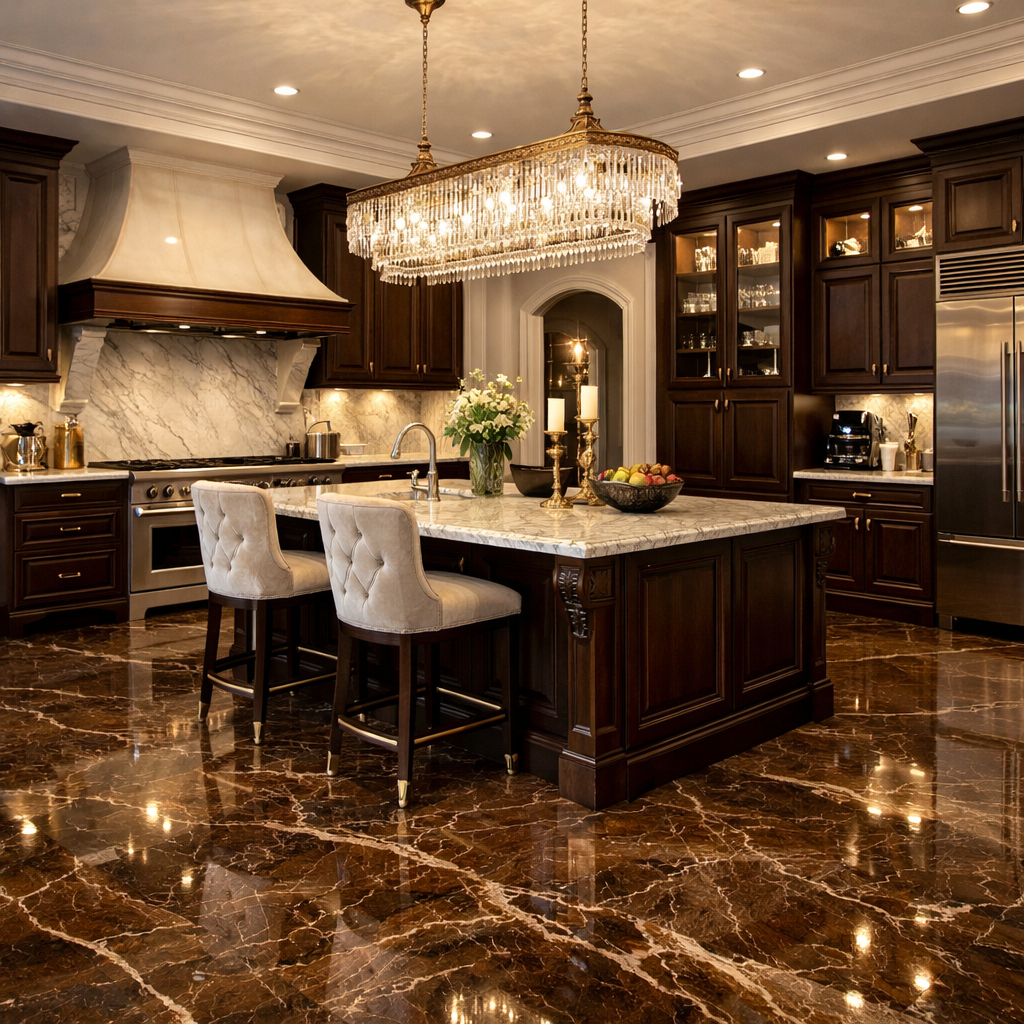 Luxurious kitchen featuring brown marble flooring with elegant design elements.