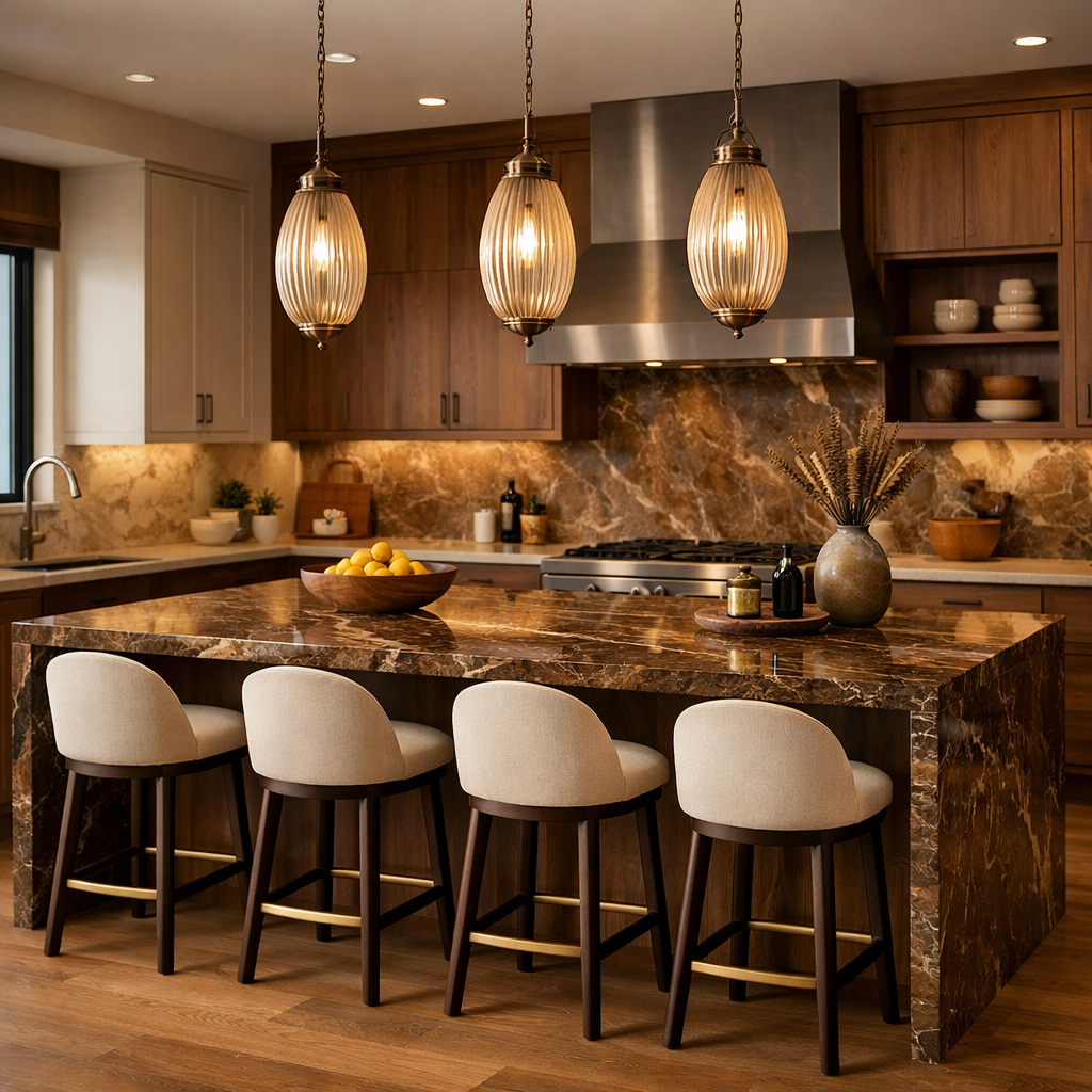Stylish kitchen featuring a brown marble island and wooden cabinetry.