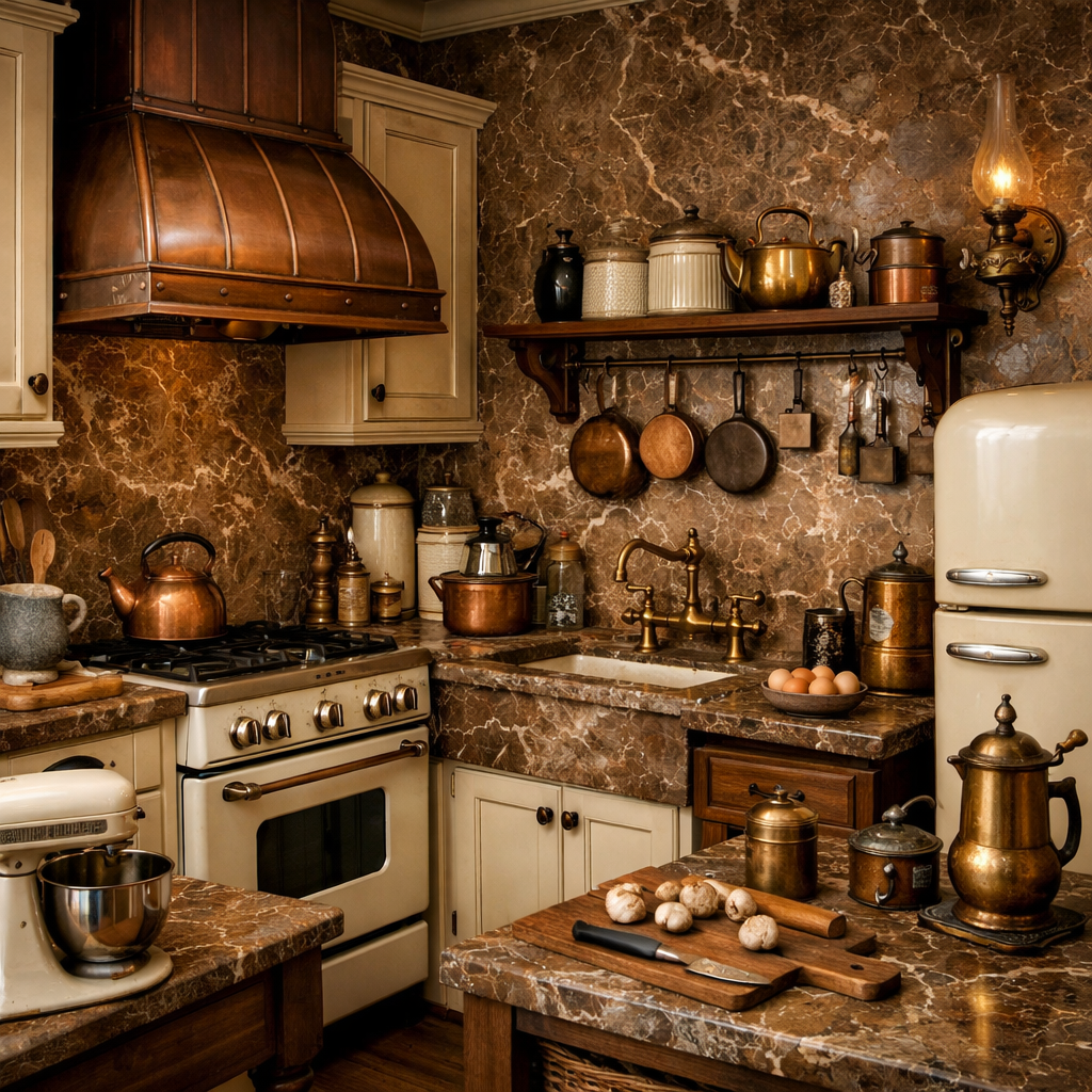 A cozy kitchen featuring brown marble countertops and vintage cookware.