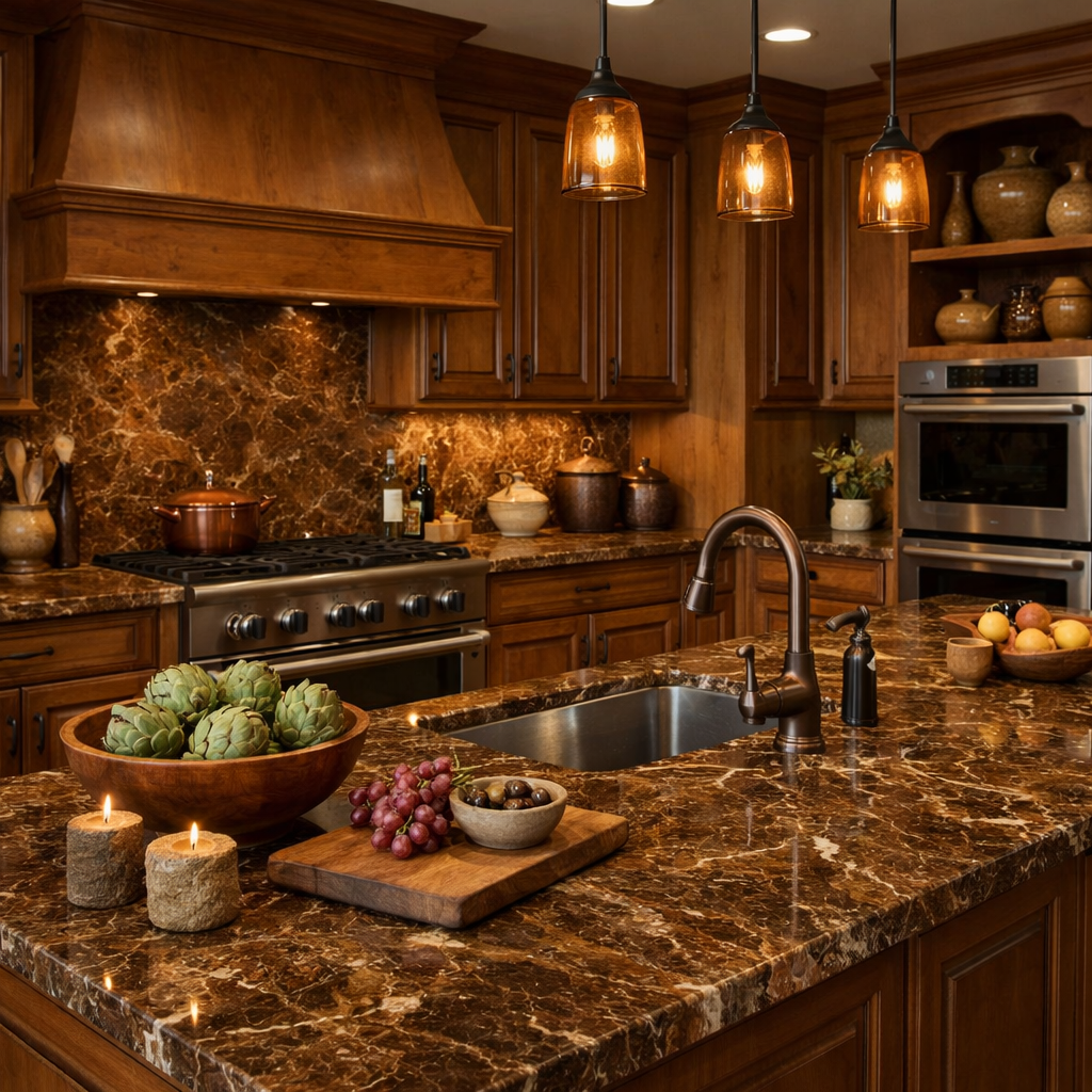 A warm kitchen featuring brown marble countertops and wooden cabinets