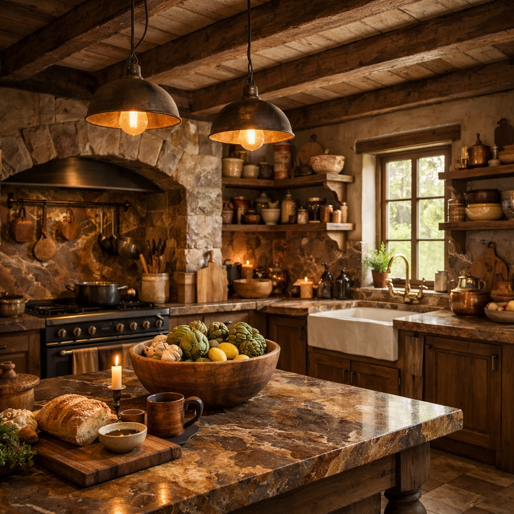 A rustic kitchen with brown marble countertops, wooden accents, and warm lighting.