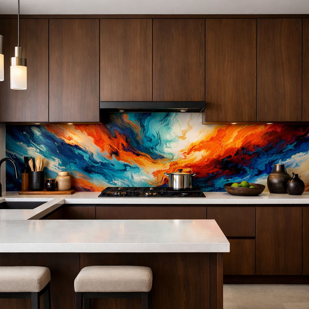 A modern kitchen with brown painted cabinets and a vibrant, colorful backsplash.