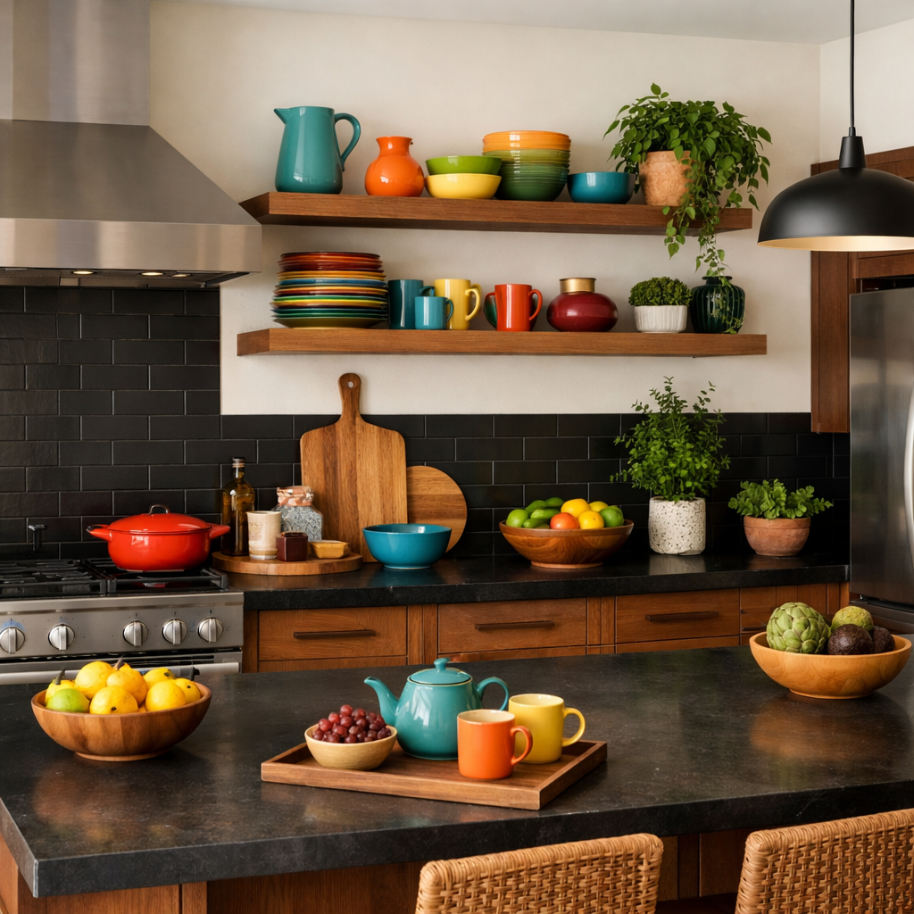 A stylish kitchen featuring brown cabinets, open shelving with colorful dishware, a black tile backsplash, and wooden accents.