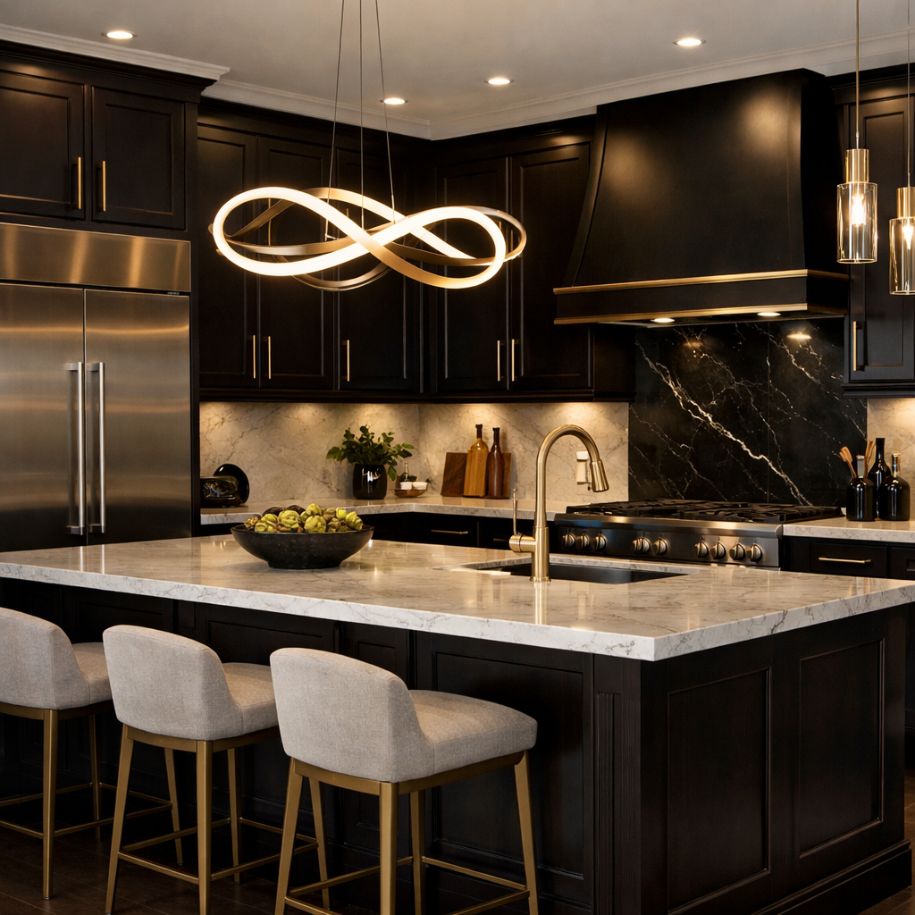 A kitchen featuring dark espresso cabinets with gold accents, a marble countertop, and modern lighting.