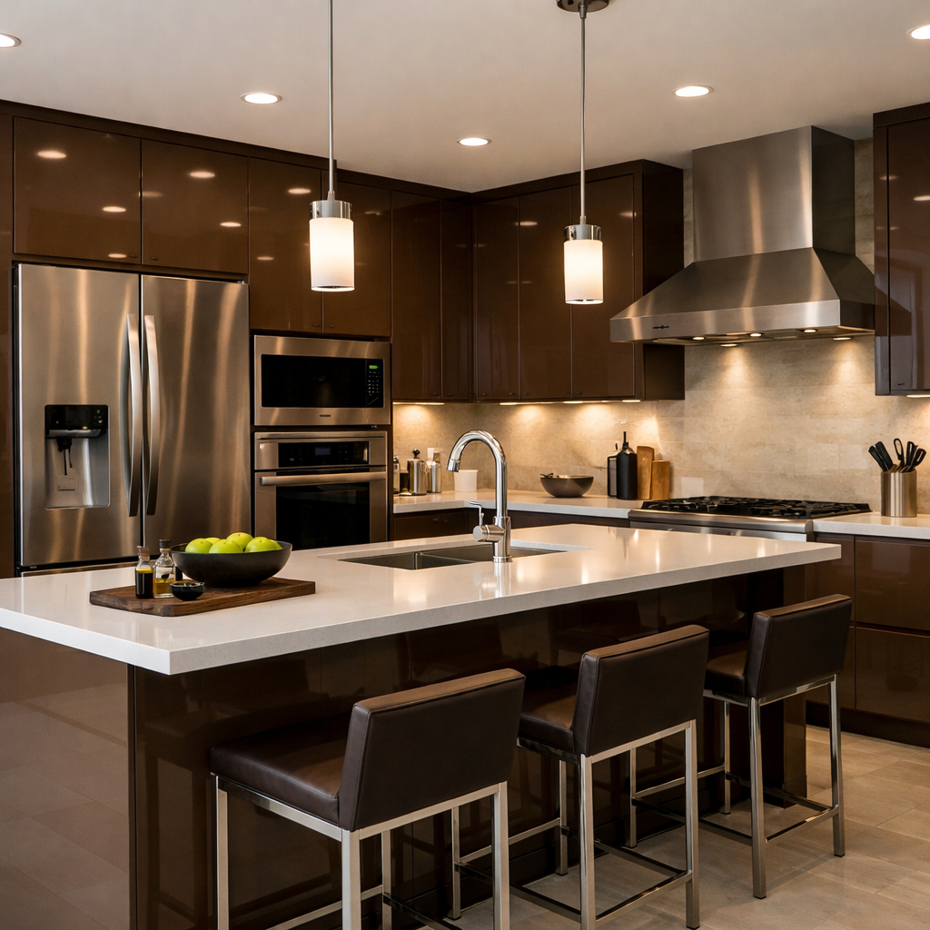 Modern kitchen with glossy brown cabinets and stainless steel appliances