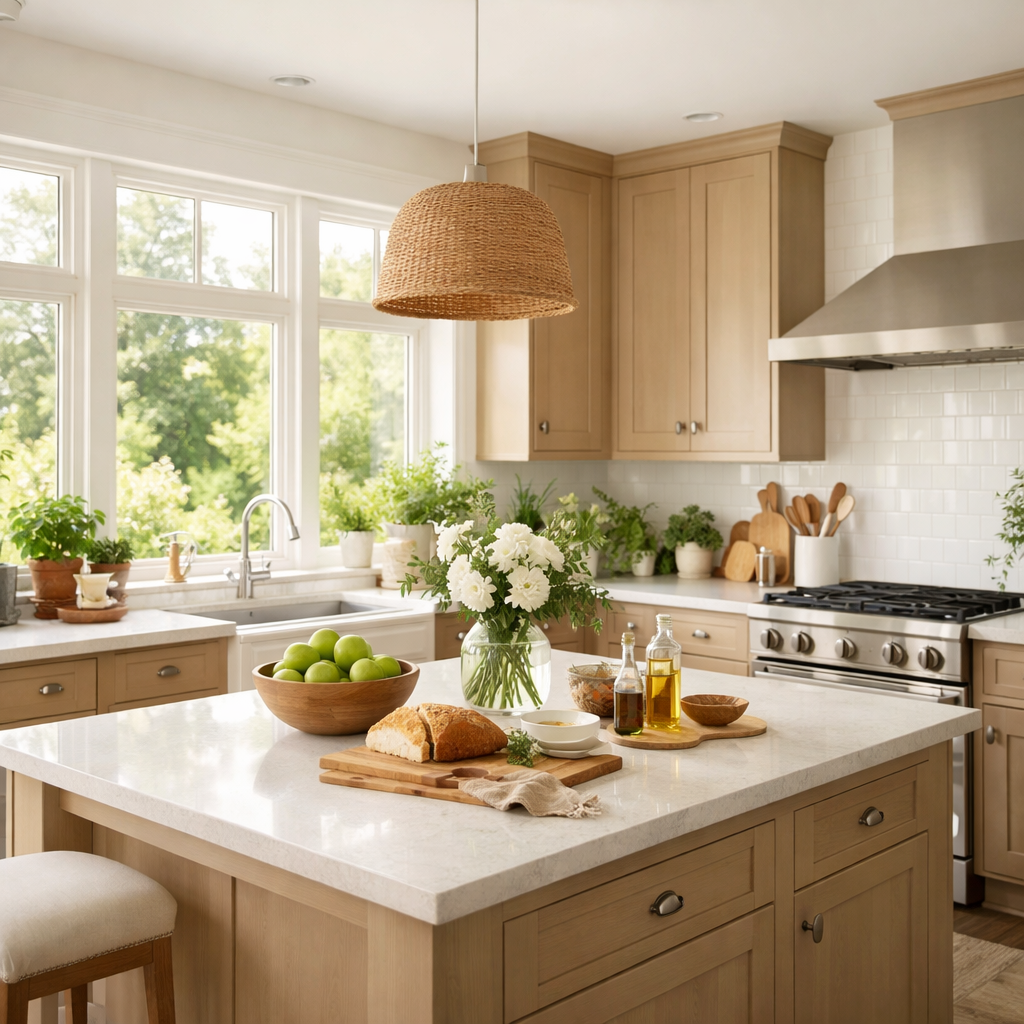 A bright kitchen featuring light beige brown cabinets, large windows, and natural decor elements.