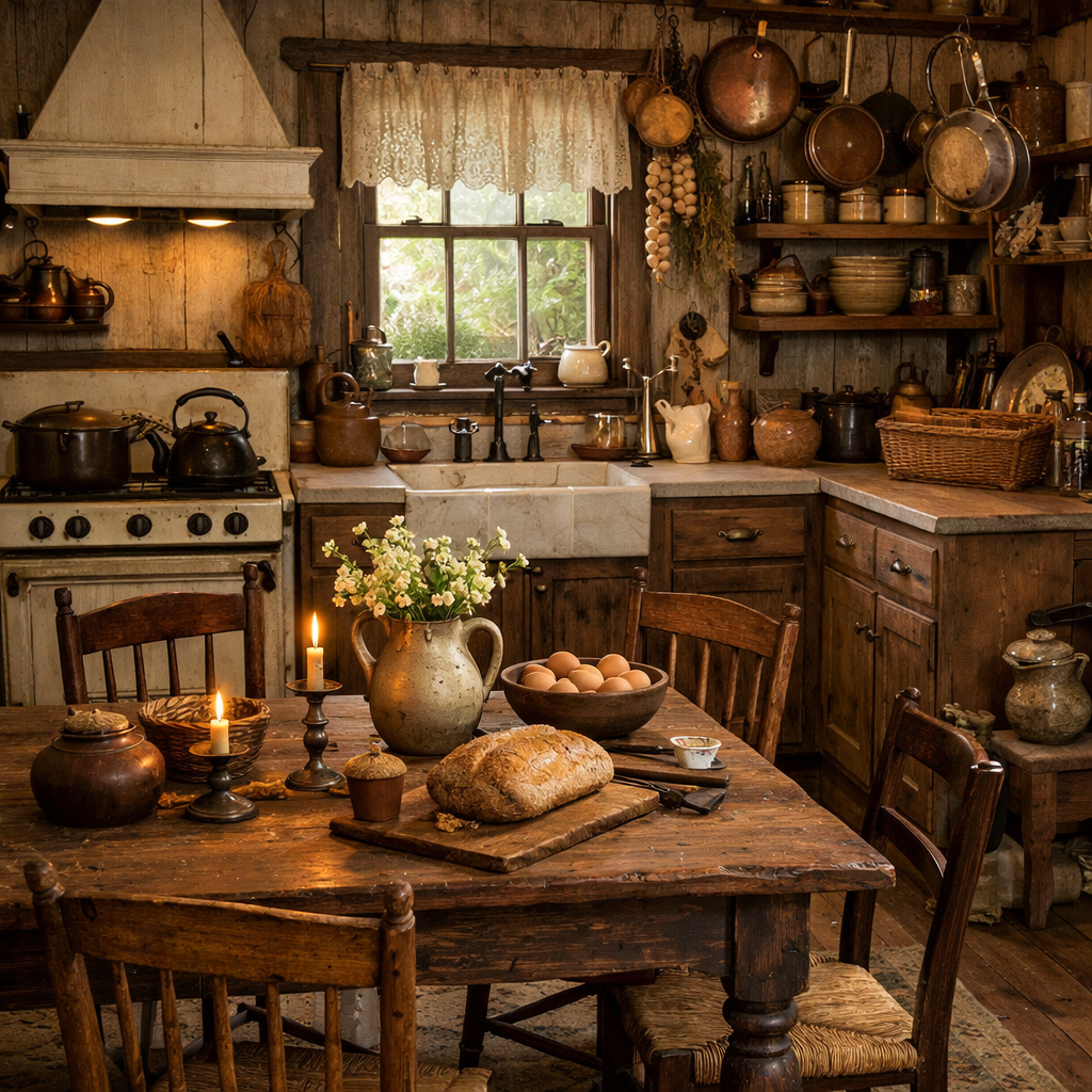 A cozy rustic farmhouse kitchen featuring brown cabinets, a wooden dining table, and vintage kitchenware.