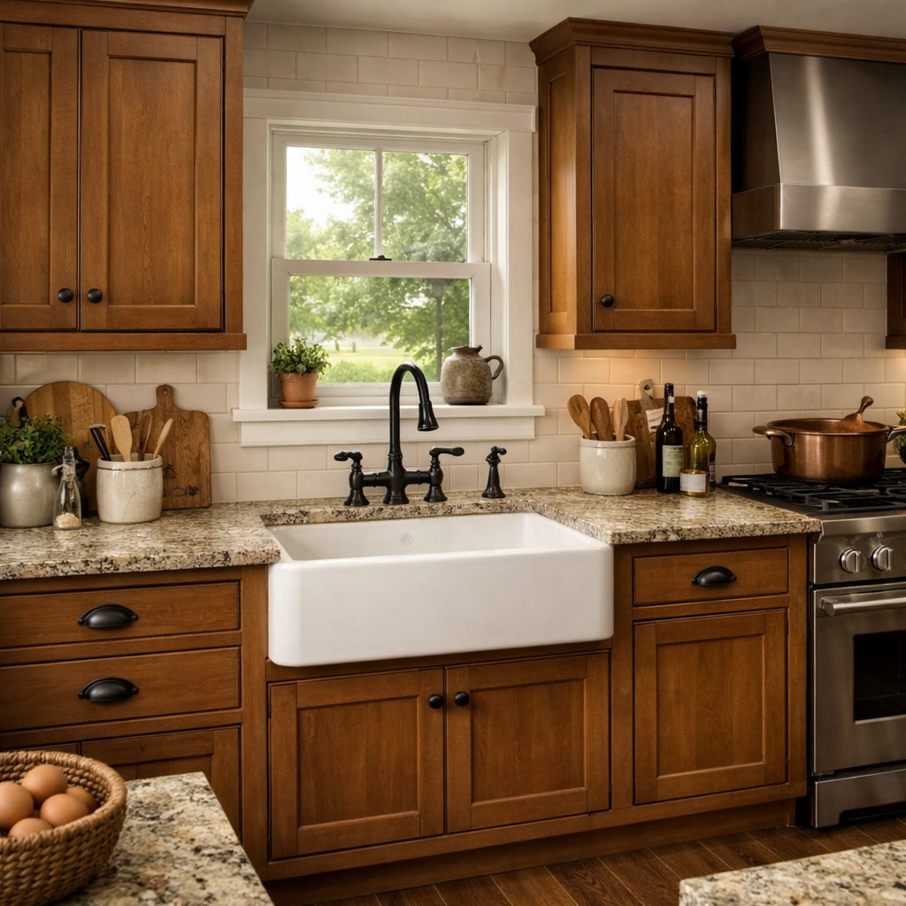 A kitchen featuring shaker style brown cabinets with a farmhouse sink and granite countertops.