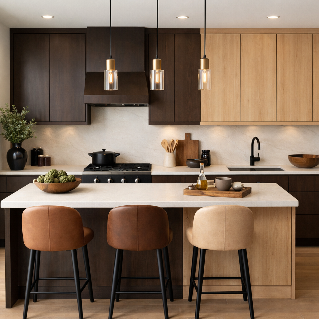 A kitchen featuring two-tone brown cabinets with dark and light wood tones.