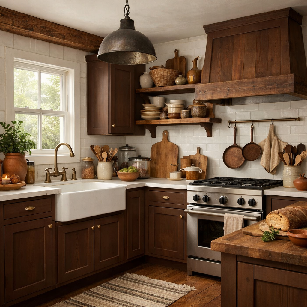 A cozy kitchen with warm chocolate brown cabinets, white subway tiles, and rustic decor.
