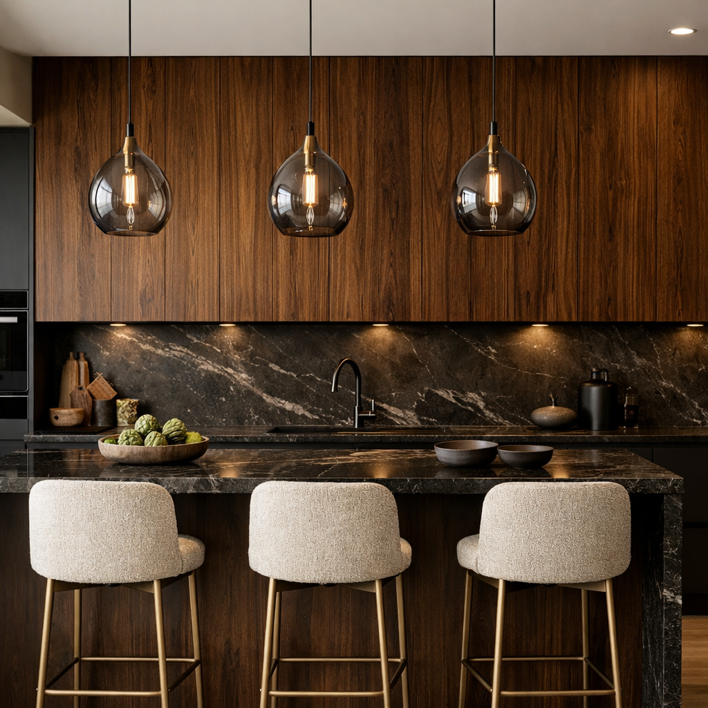 Modern kitchen featuring dark brown wood panels, elegant lighting, and a sleek black countertop