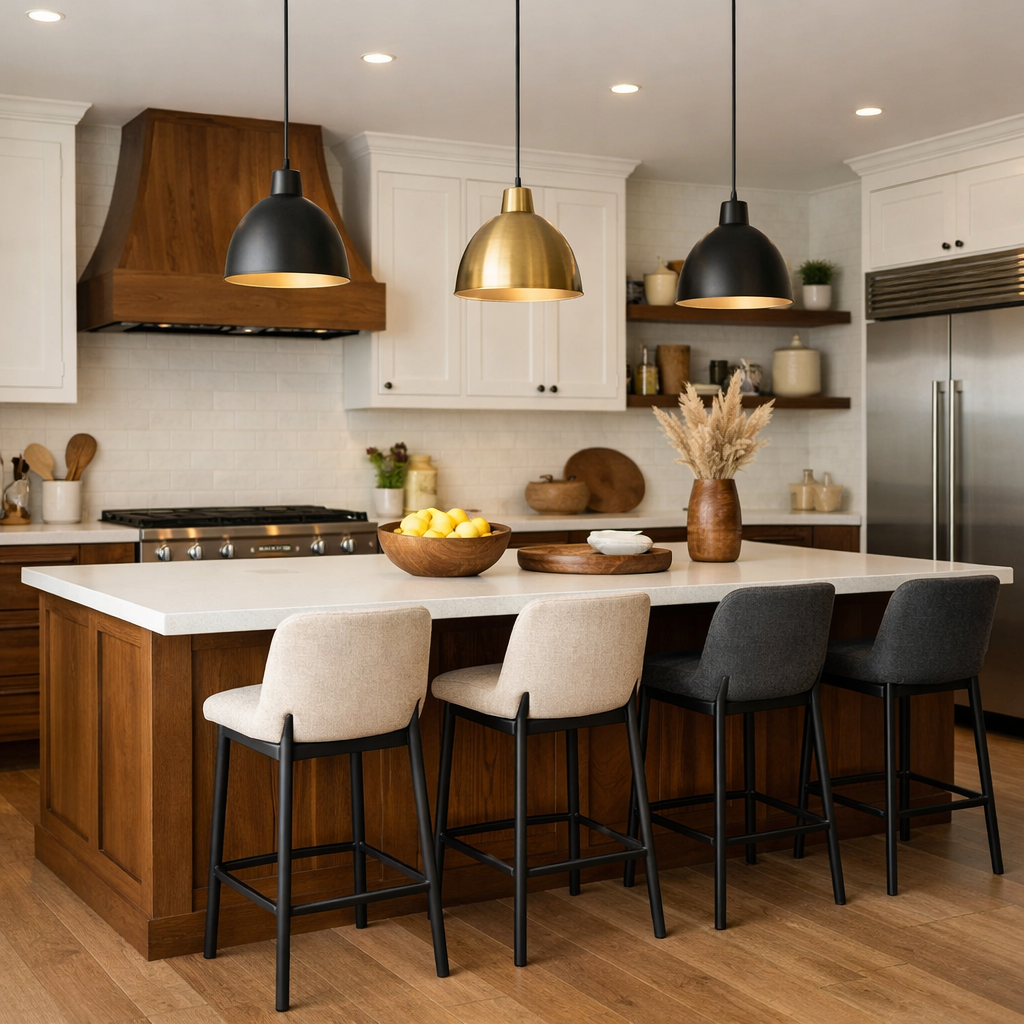 A cozy kitchen featuring a brown wood island with seating, pendant lights, and decorative elements.