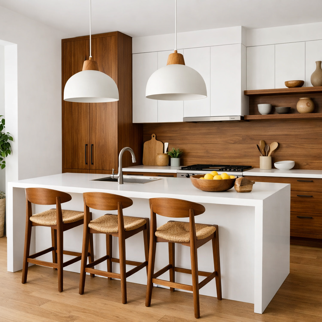 A modern kitchen featuring a brown wood and white color scheme, with hanging lights and wooden bar stools.