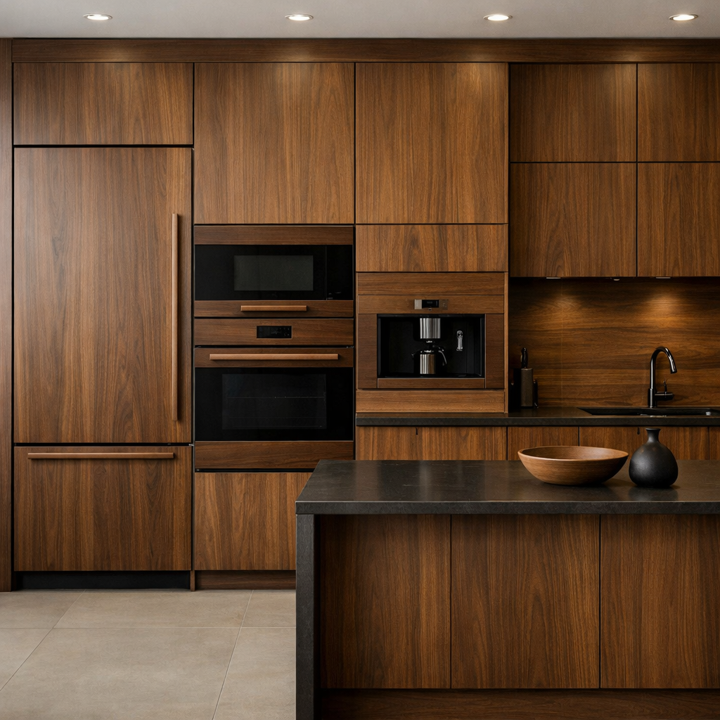 Modern brown wood kitchen with integrated appliances and sleek design.
