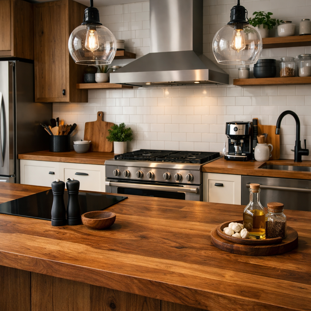 Warm brown wood kitchen countertop with kitchen equipment and decorative elements.