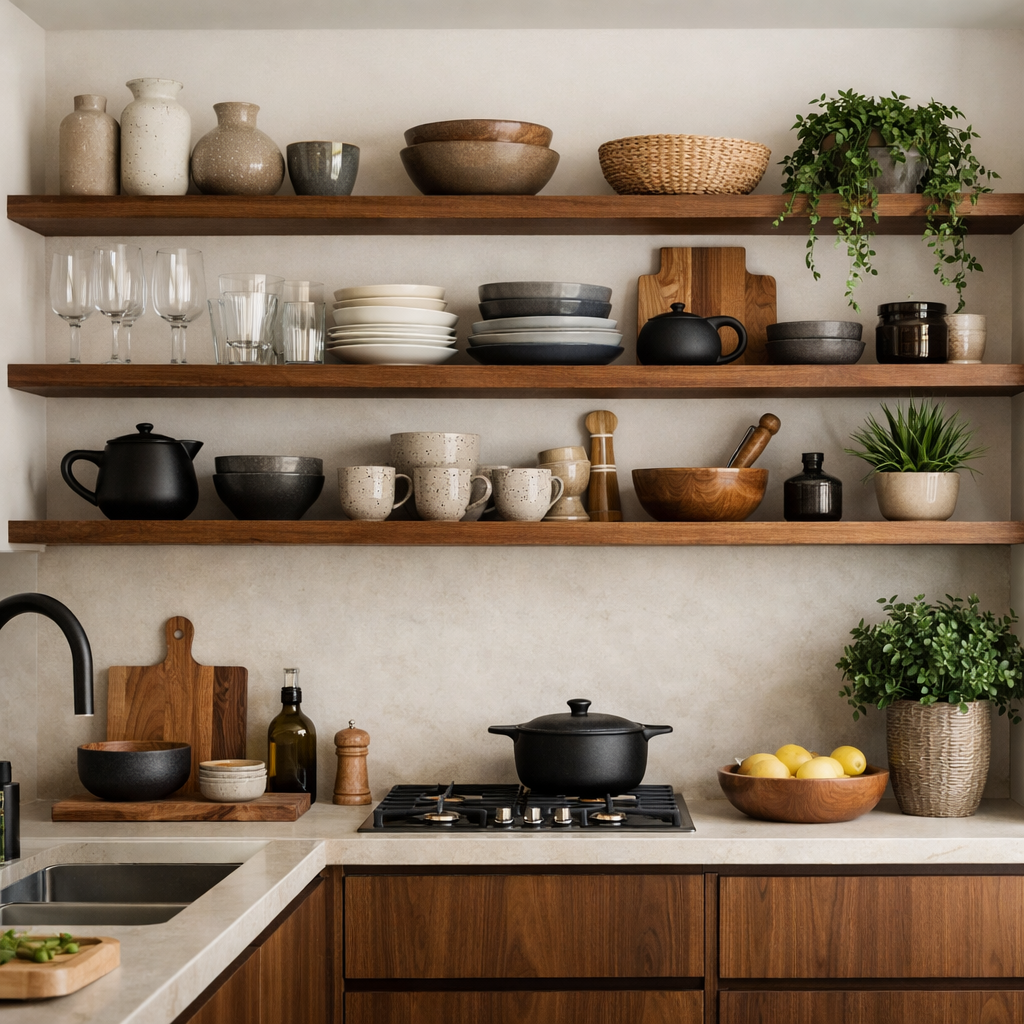A kitchen featuring open shelving made of brown wood, displaying various dishes, glassware, and decorative plants.