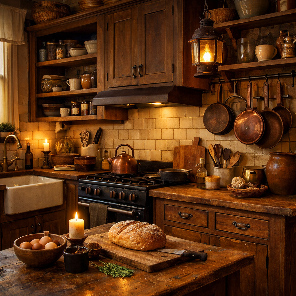 Cozy rustic kitchen with brown wooden cabinets, a wooden table with bread and eggs, and warm lighting.