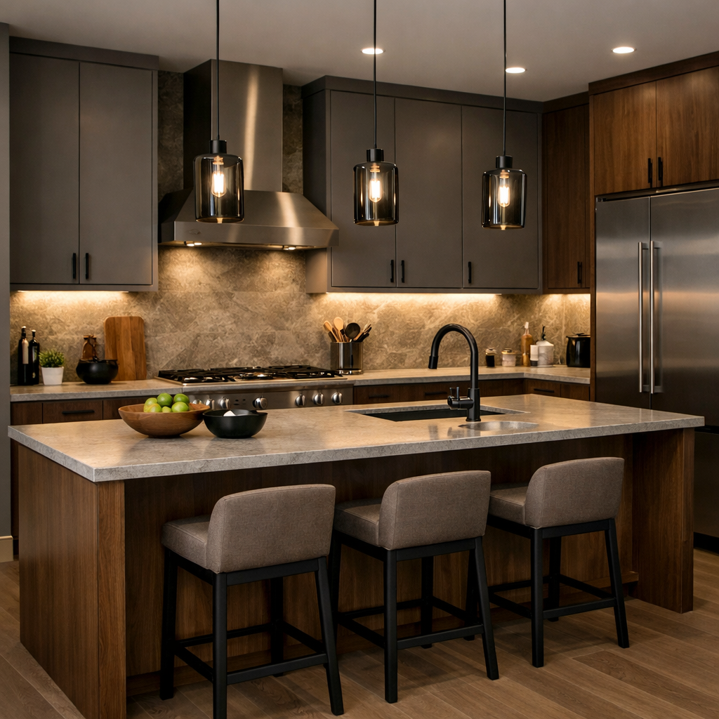 Modern kitchen with grey cabinetry, brown accents, and bright pendant lighting.