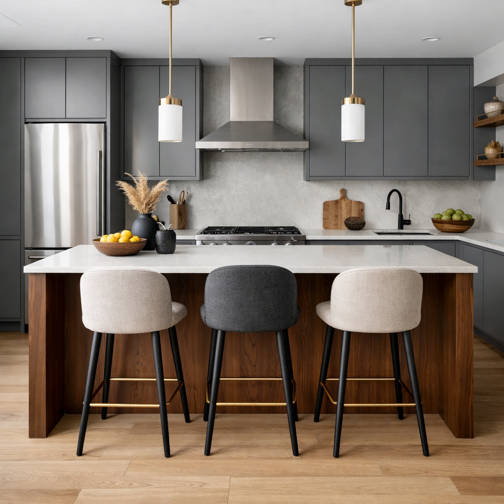 A modern kitchen featuring grey cabinets and a brown island.