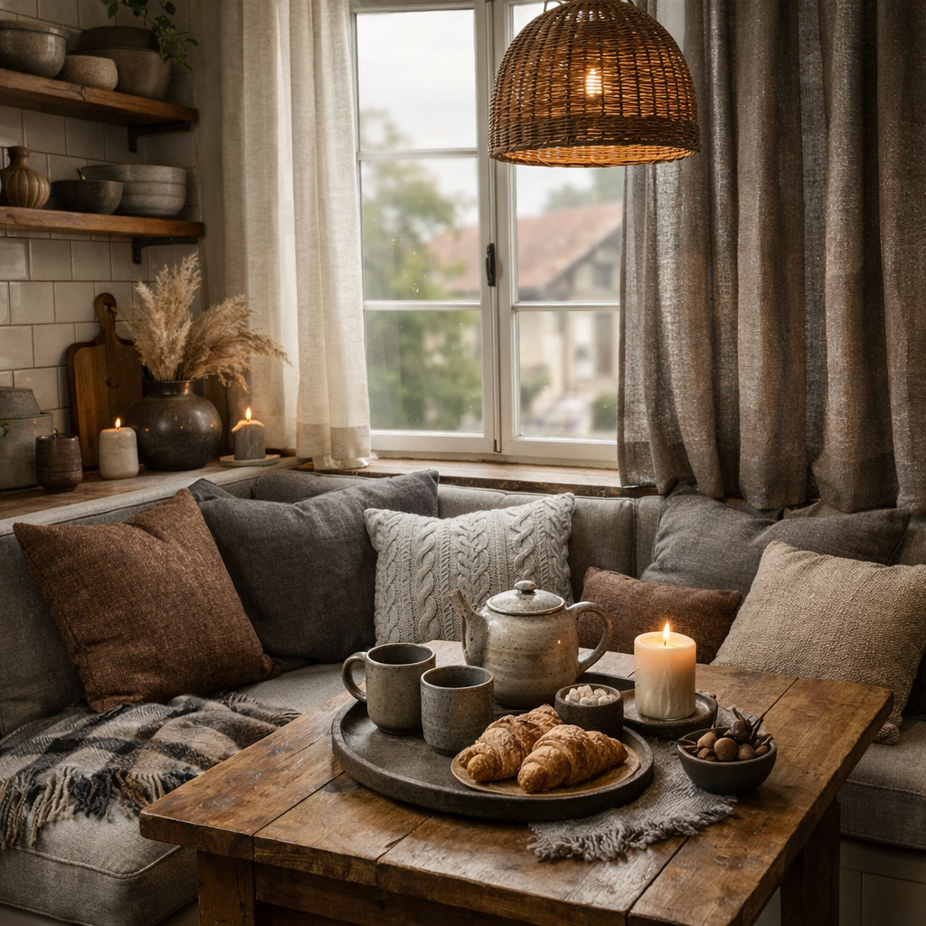 Cozy corner with grey and brown textiles, wooden table, teapot, croissants, and natural lighting.