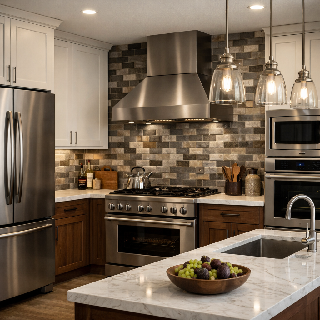 Elegant kitchen featuring grey and brown tile backsplash, stainless steel appliances, and marble countertops.