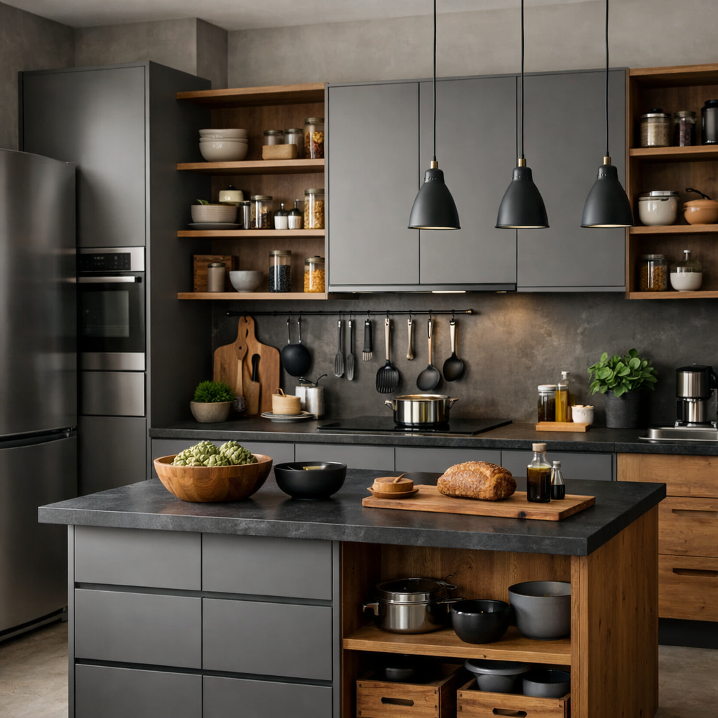 A modern kitchen featuring grey cabinets, brown wooden shelves, and an island with decorative storage solutions.