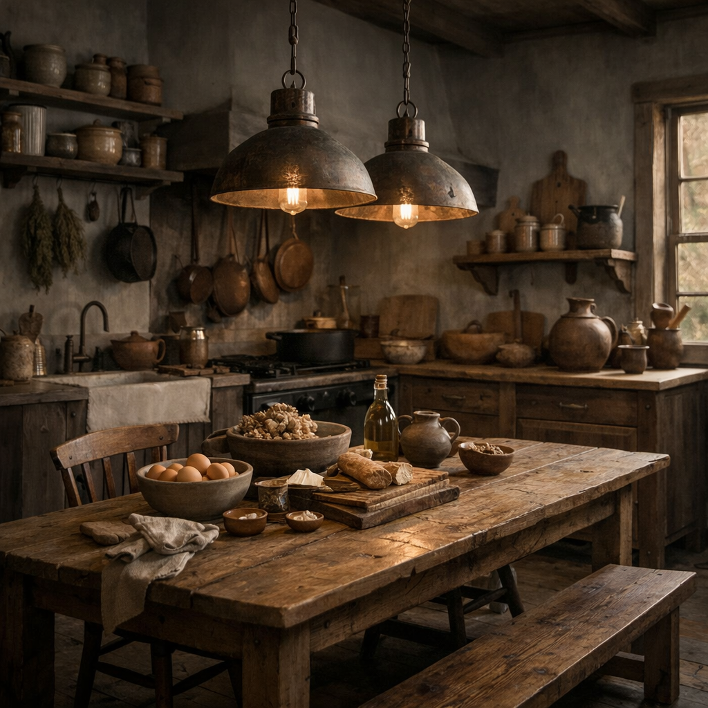 Rustic kitchen with wooden accents and grey walls