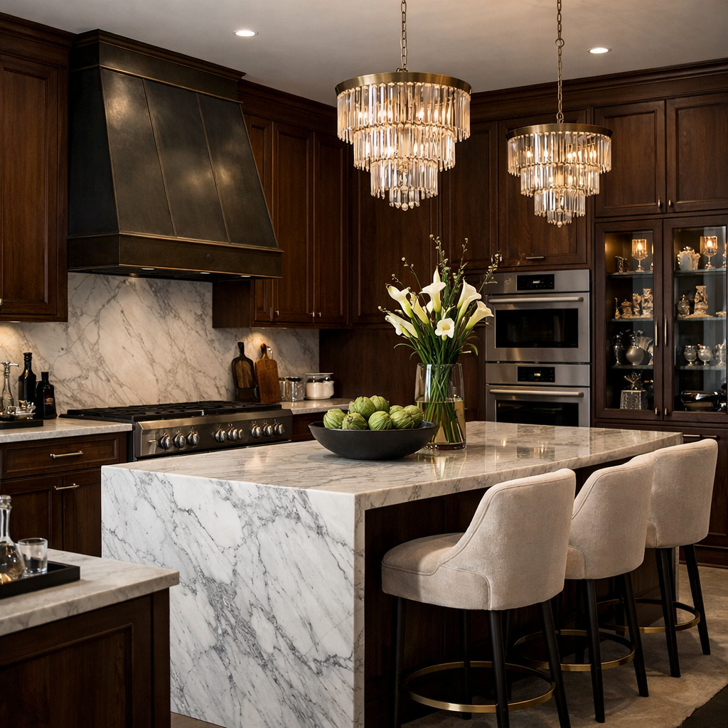 Luxurious kitchen featuring dark walnut cabinetry and marble countertops with elegant light fixtures