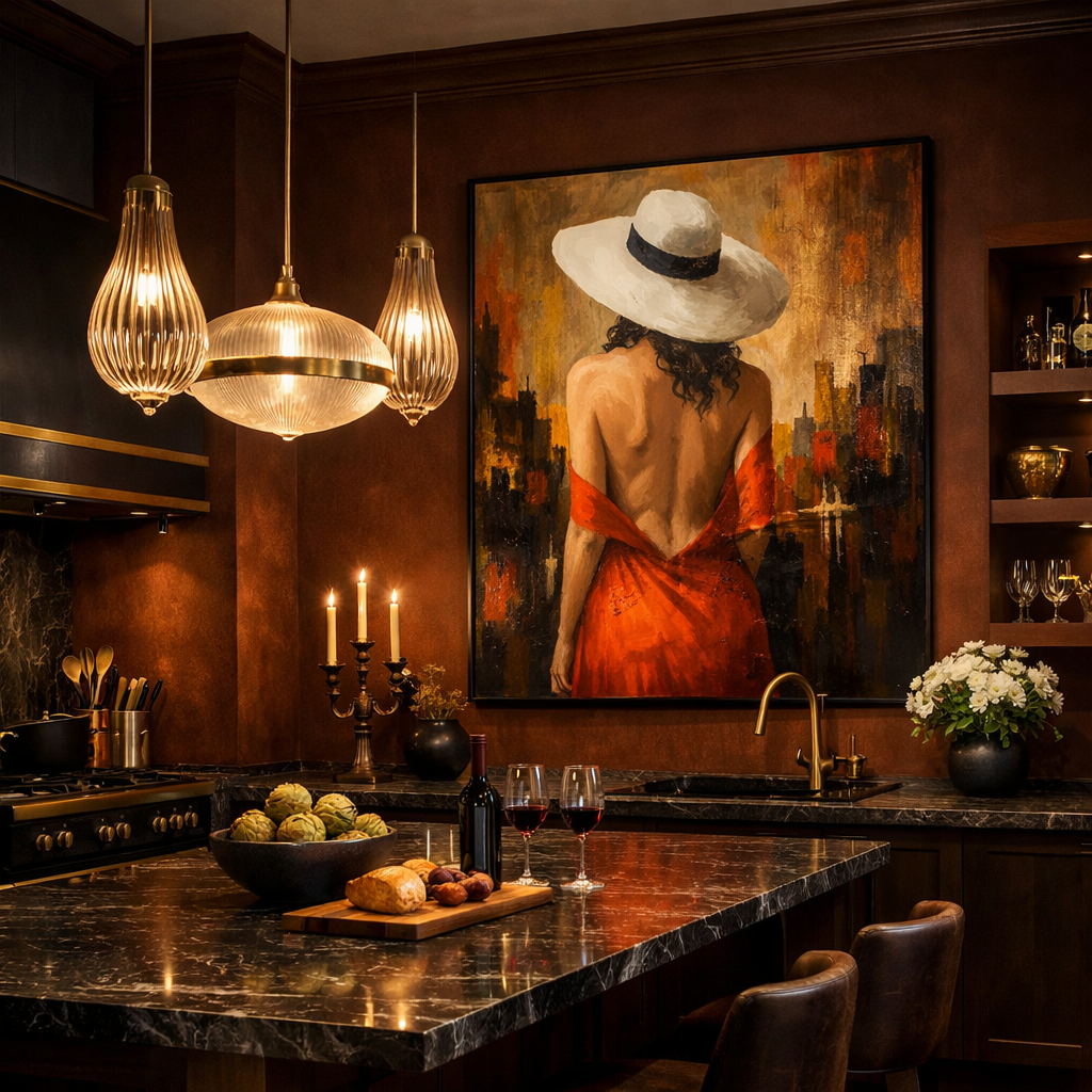 A cozy kitchen with deep chestnut brown walls, elegant lighting, and a striking painting.