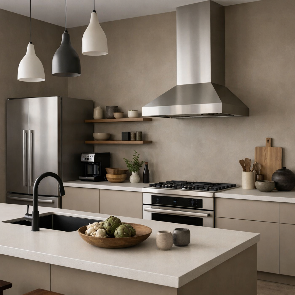 Modern kitchen with taupe walls, stainless steel appliances, and wooden shelves