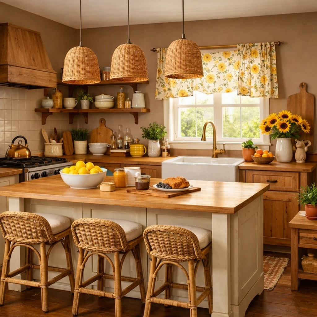 Cozy kitchen with light cocoa brown walls, wooden accents, and vibrant decor