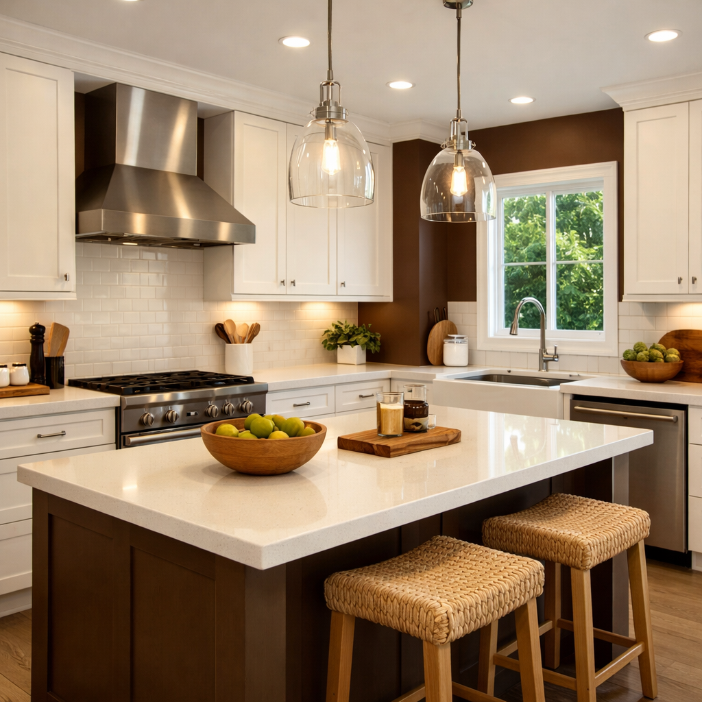 Kitchen with rich espresso brown walls and white accents, featuring modern design elements.